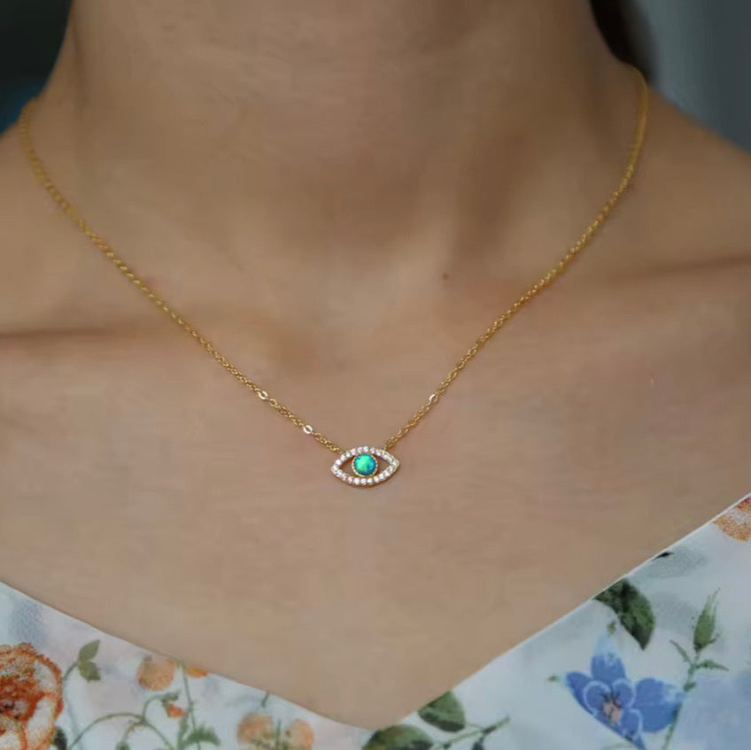 925 SILVER EVIL EYE CUBIC ZIRCONIA PENDANT NECKLACE OPAL STONE