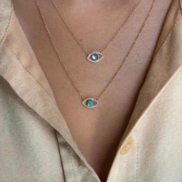 925 SILVER EVIL EYE CUBIC ZIRCONIA PENDANT NECKLACE OPAL STONE