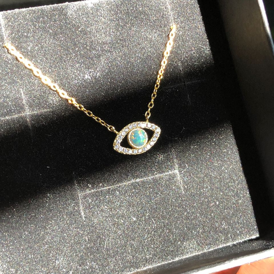 925 SILVER EVIL EYE CUBIC ZIRCONIA PENDANT NECKLACE OPAL STONE