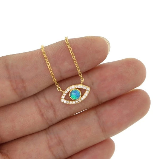 925 SILVER EVIL EYE CUBIC ZIRCONIA PENDANT NECKLACE OPAL STONE