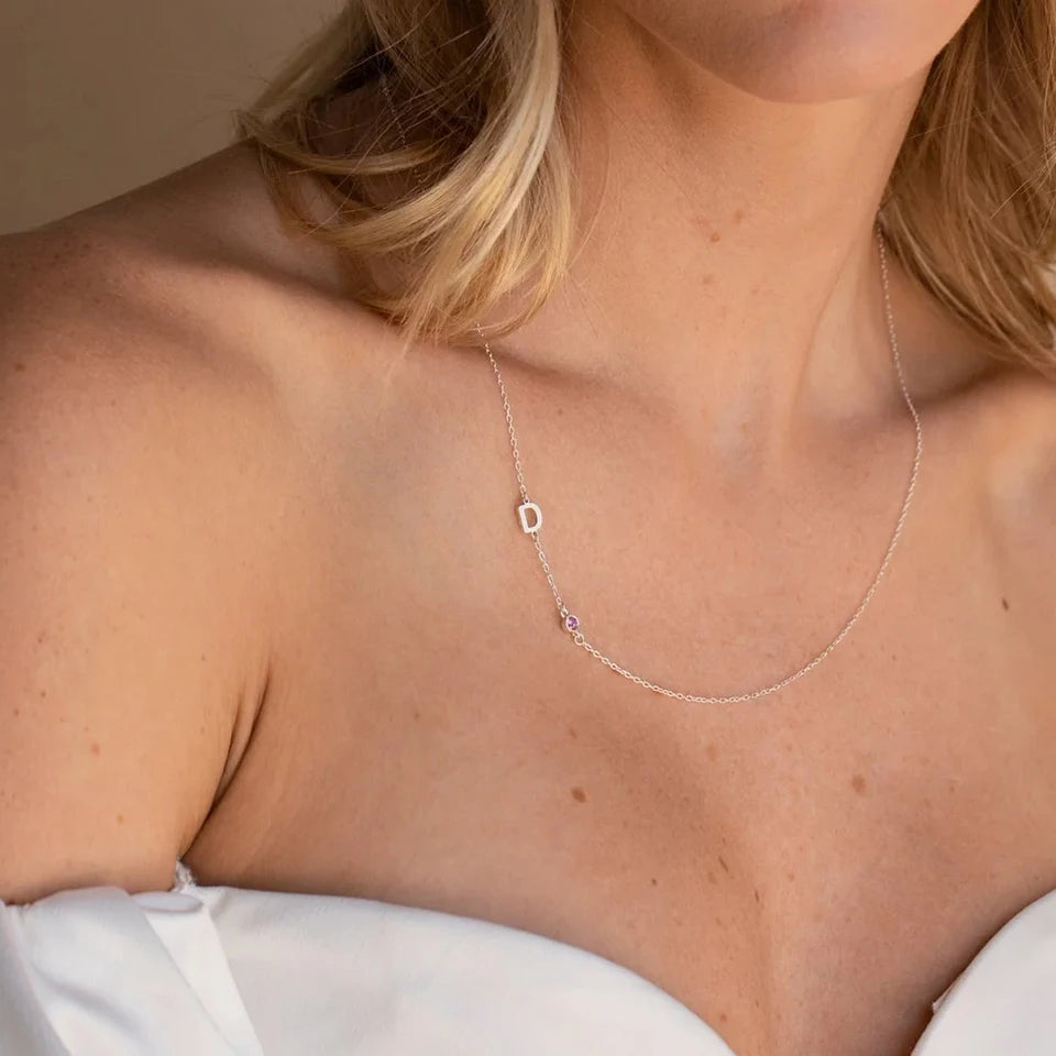 [PRE-ORDER] SIDE INITIAL BIRTHSTONE NECKLACE